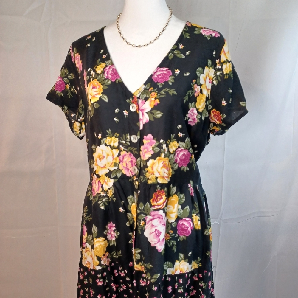 Derek Heart Black Pink Yellow Rose Print Retro 90s Dress XL